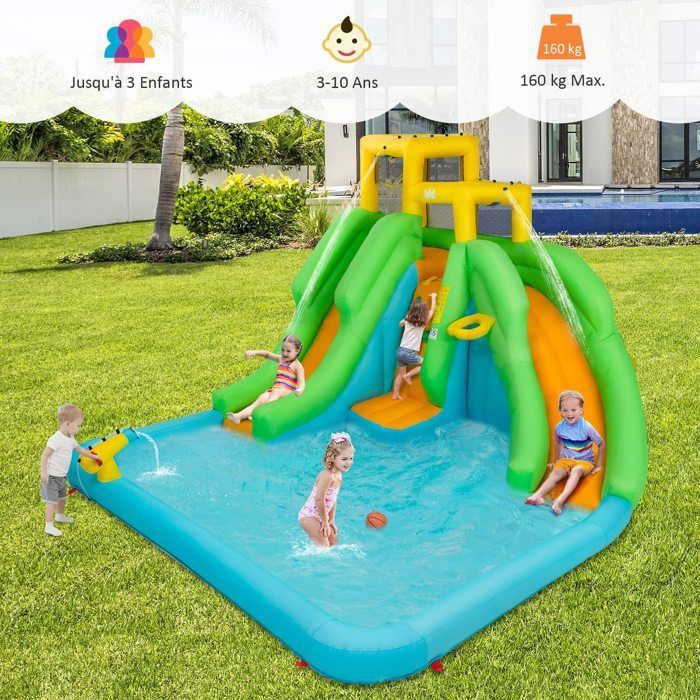 DREAMADE opblaaskasteel voor kinderen met zwembad, waterglijbanen, klimwand en basketbalring