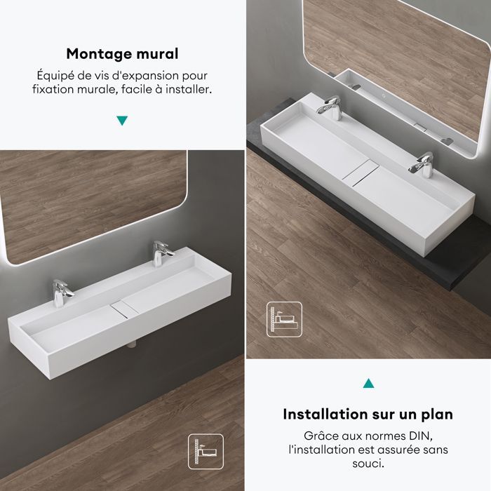Lavabo de encimera blanco mate doporro, lavabo de baño mural con orificios pretaladrados para 2 grifos, 120x40x14cm, Colossum6028
