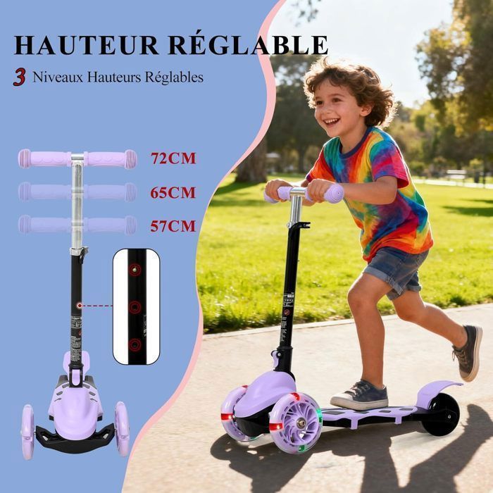 Monopattino pieghevole con 3 ruote illuminate a LED per bambini dai 2 ai 5 anni, manubrio regolabile in altezza su 3 livelli, colore viola.