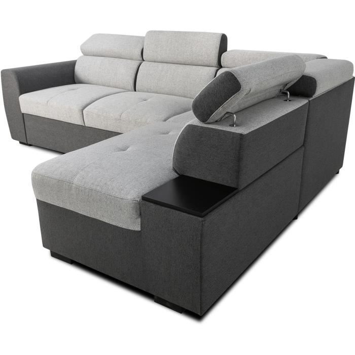 Sofá esquinero convertible reversible - 4/5 plazas - KELIO - Tela antracita/gris - 3 reposacabezas - 245 x 184 x 77/87 cm
