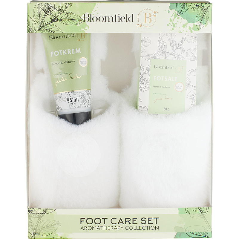 Coffret cadeau comprenant des chaussons, une crème pour les pieds et du sel pour les pieds