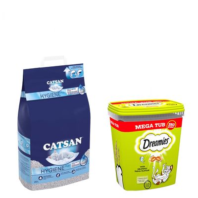20 liter Catsan Hygiene Plus kattenbakvulling + Dreamies kattensnoepjes - voordeelverpakking!*