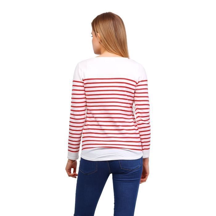 Pull femme - SULLIVAN - Rayé blanc - Col V - Manches longues - Ajusté