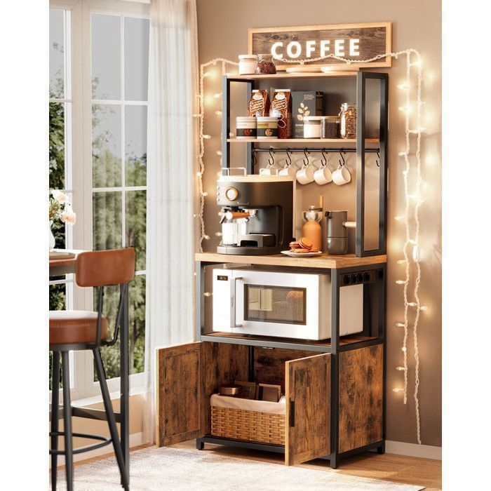 Kitchen Trolley with Power Strip, 8 Hooks, 40 x 60 x 170 cm, Rustic Brown and Ink Black