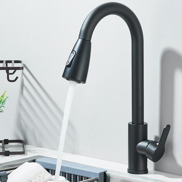 Miscelatore da cucina girevole a 360° per lavello ad arco alto, con doccetta estraibile a 2 modalità (nero opaco)