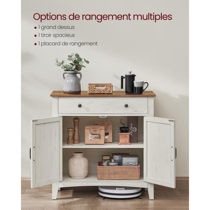 VASAGLE Buffet, Meuble de Rangement avec Tiroir, avec Portes, Étagère Réglable, 40 x 80 x 80 cm, Blanc Rustique et Marron Miel
