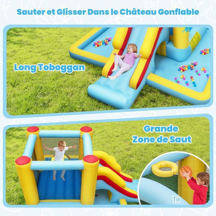 DREAMADE Hüpfburg für Kinder mit Rutsche, Hüpfbereich, Tunnel, Basketballkorb, Bällebad und Ringwurfspiel