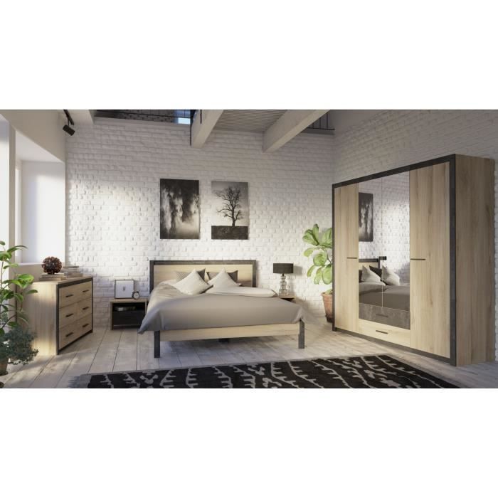 Armoire - Décor Chêne et noir - 4 portes battantes - 2 tiroirs - Miroirs - L 198 x H 203,1 x 56,6 cm - COLORADO - Made in France