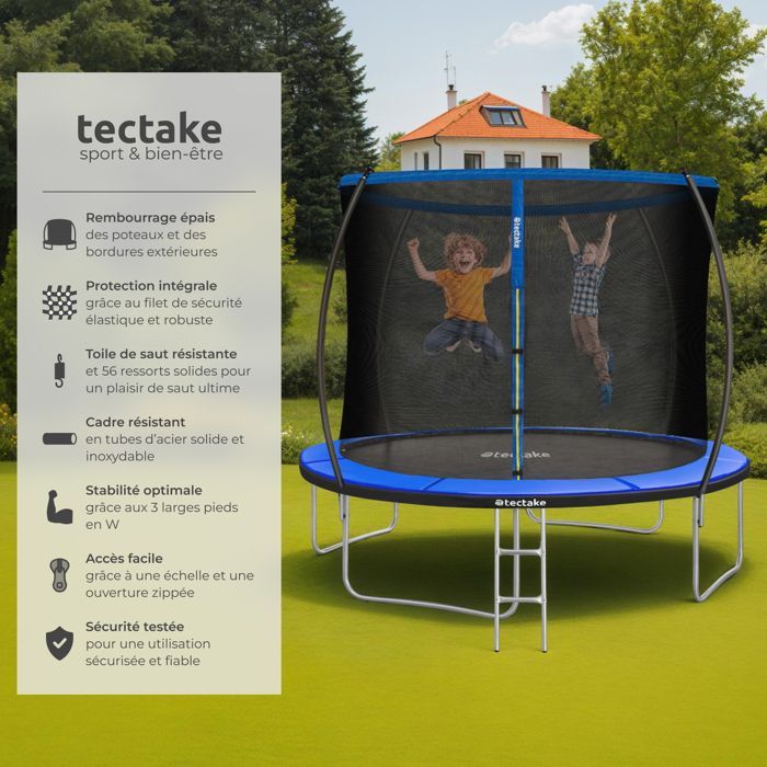 Trampolin - TECTAKE - JUMPY ståltrampolin med sikkerhedsnet, 305 cm diameter - Sort/blå