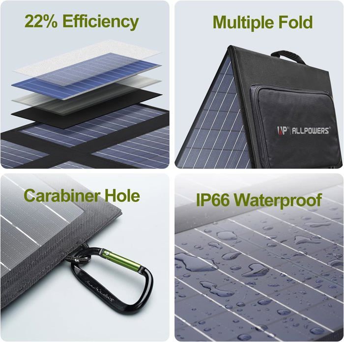 Panel solar plegable ALLPOWERS de 60 W AP-SP-026-BLA - USB-C PD60, USB-A, 18 V CC para PC, teléfonos y baterías de 12 V.