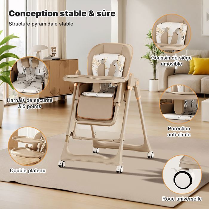 4 en 1 Chaise haute bébé à Roulettes, Dossier et Plateau réglables, Inclinaison et hauteur réglables, de 6 à 36 mois jusqu'à 25 kg