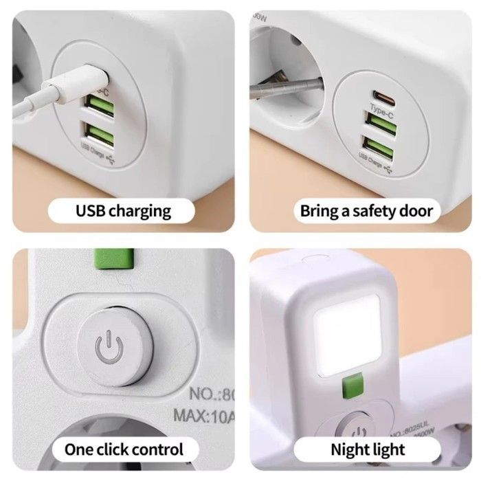 Multiprise Murale avec 4 Prises 2 USB-A 1 Type-C, Interrupteur Individuel, pour Chambre Cuisine Bureau