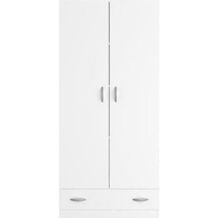 PARISOT Wardrobe with 2 hinged doors + 1 drawer - Particleboard - White finish - W 78 cm x D 38 cm x H 170 cm - VARIA