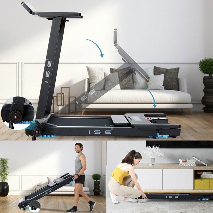 ISE Tapis de Course Pliable Electrique, 15 Programmes, Silencieux,  Roues de Transport, Écran LED et Verin Hydraulique