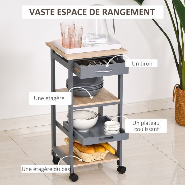 Chariot de service - HOMCOM - desserte cuisine roulettes 2 étagères plateau amovible tiroir - bois MDF - gris chêne clair
