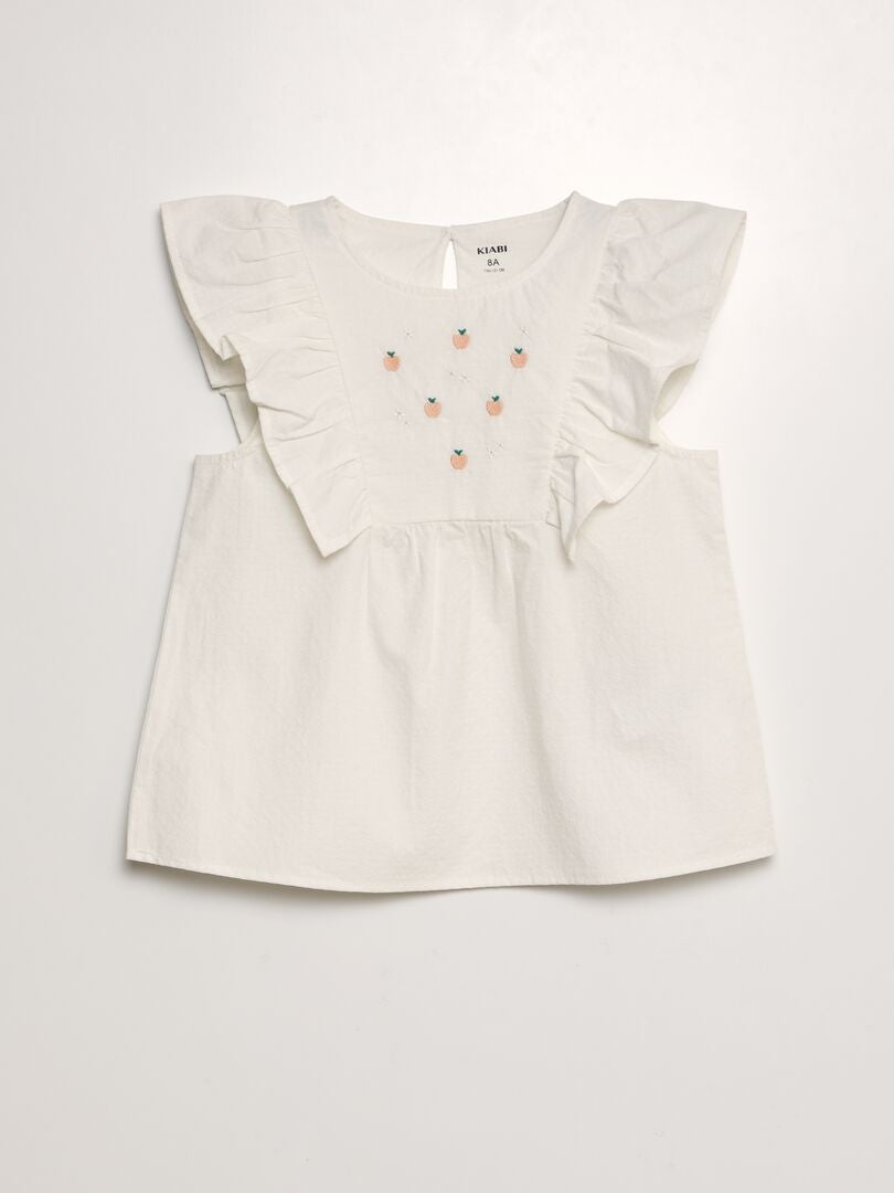 Blusa com babados e bordado de frutas - BEGE