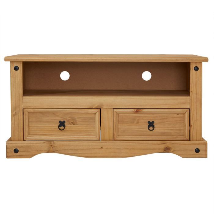 Mueble para TV SALSA, banco de madera de estilo mexicano de 108 cm con 2 cajones y 1 nicho, fabricado en pino macizo con acabado teñido y encerado.