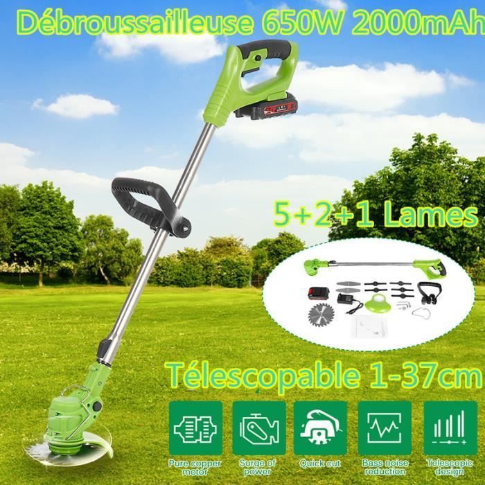 Decespugliatore telescopico da 650 W e 18000 giri/min con portata di 37 cm + batteria da 2000 mAh + caricabatterie UE + 8 lame