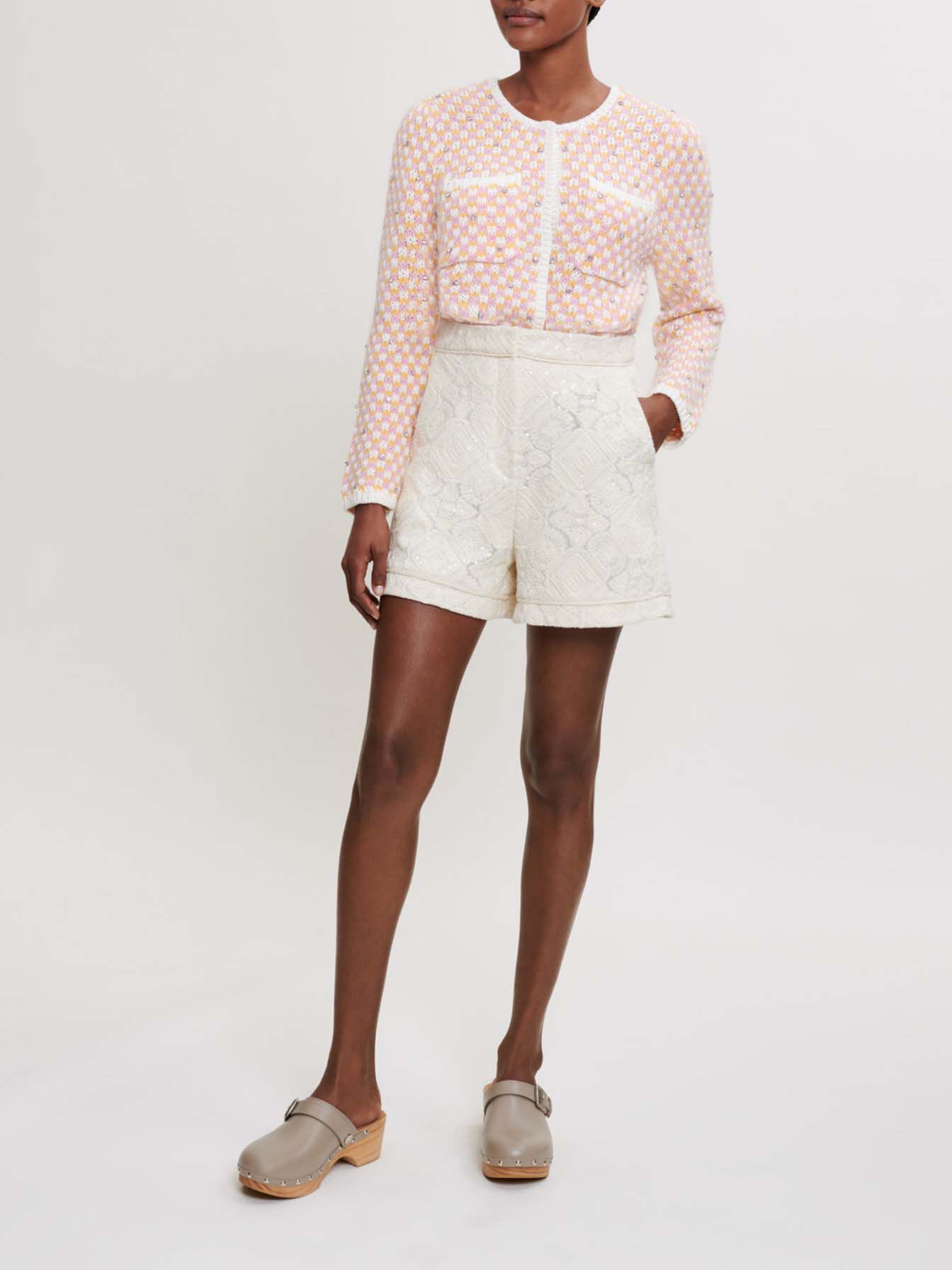 Geborduurde tule shorts met pailletten - Gebroken wit