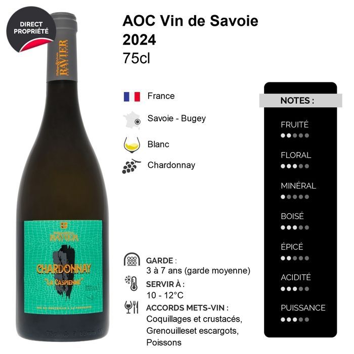 Philippe e Sylvain Ravier Vin de Savoie Chardonnay La Caspienne 2024 - Vinho Branco de Savoie - Bugey (3x75cl)