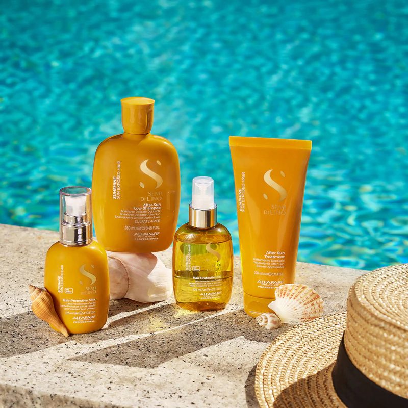 Máscara facial Alfaparf Milano Semi di Lino Sunshine para cabelos expostos à luz solar nociva.