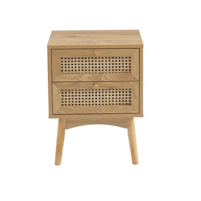 Table de chevet INES effet chêne et cannage rotin 2 tiroirs - Bois