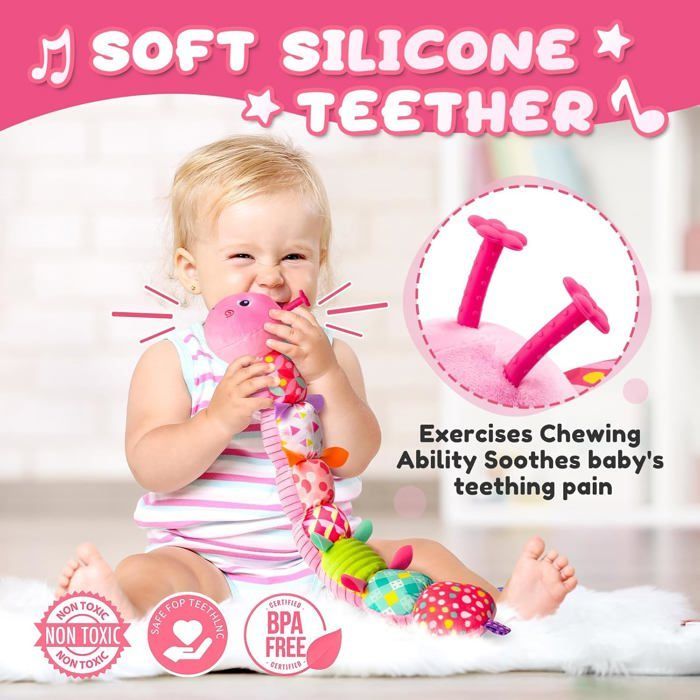 Oruga de peluche musical para bebés de 0 a 12 meses, multisensorial, con sonido crujiente, sonajeros y texturas, un compañero ideal.
