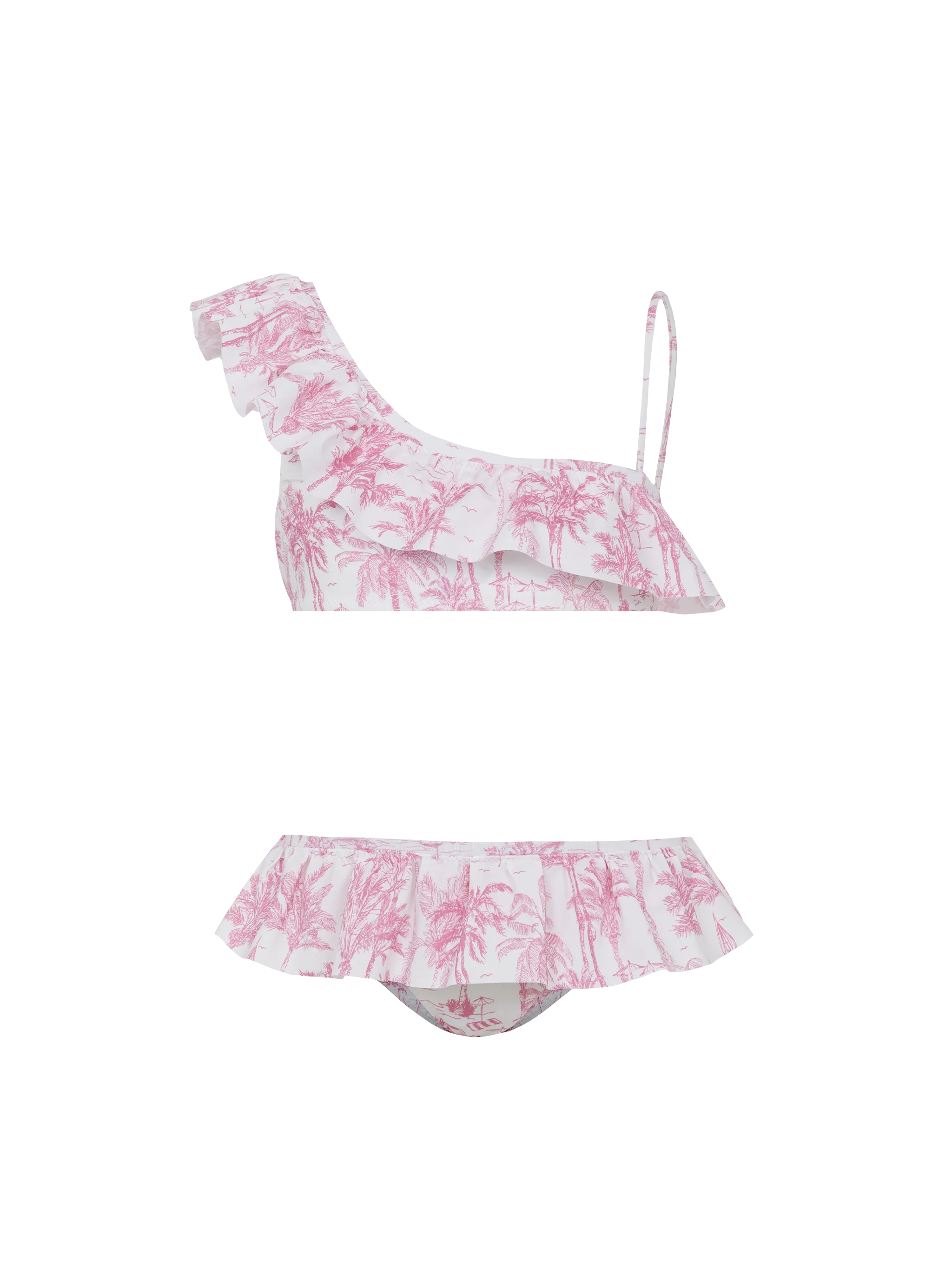 King bikini met één schouder, ruches en Toile de Jouy-print