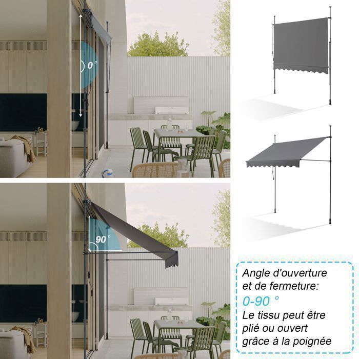 Toldo retráctil gris de 3 m, persiana manual para balcón, no requiere perforación, con parasol de altura ajustable para terraza.