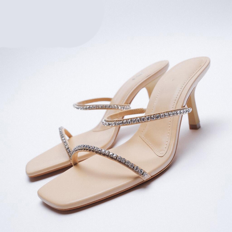 Scarpe da donna Beige con punta quadrata Accessori con strass Sandali con tacco alto