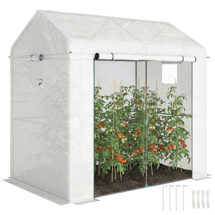 Serre de jardin - Outsunny - PE - bâche renforcée 135 g/m² - châssis en acier - porte zippée enroulable - 200 x 140 x 200 cm - blanc