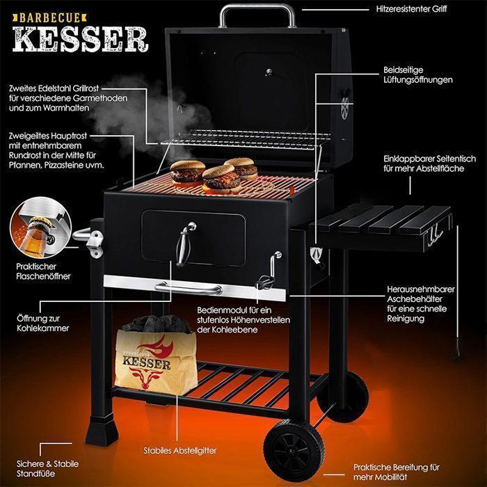 Barbecue Charbon de Bois avec Couvercle, Chariot, Bac à Charbon Réglable, 2 Tablettes, Noir