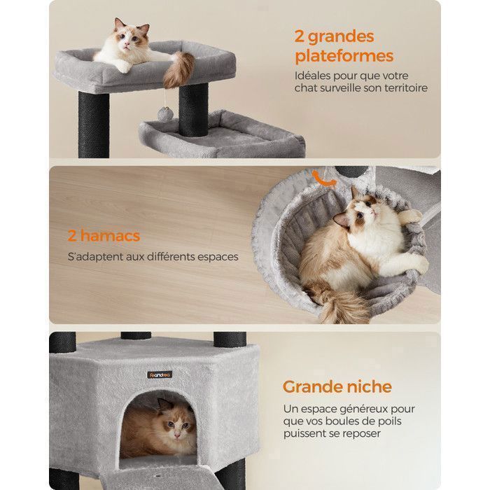 Árbol para gatos Feandrea - 186,7 cm de altura, 5 niveles y 1 plataforma - Gris y negro