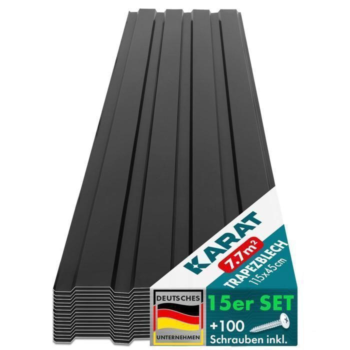 Revestimiento de paredes y techos, chapas metálicas trapezoidales, paquete de 15 chapas, chapa con tornillos, 115 x 45 cm, negro