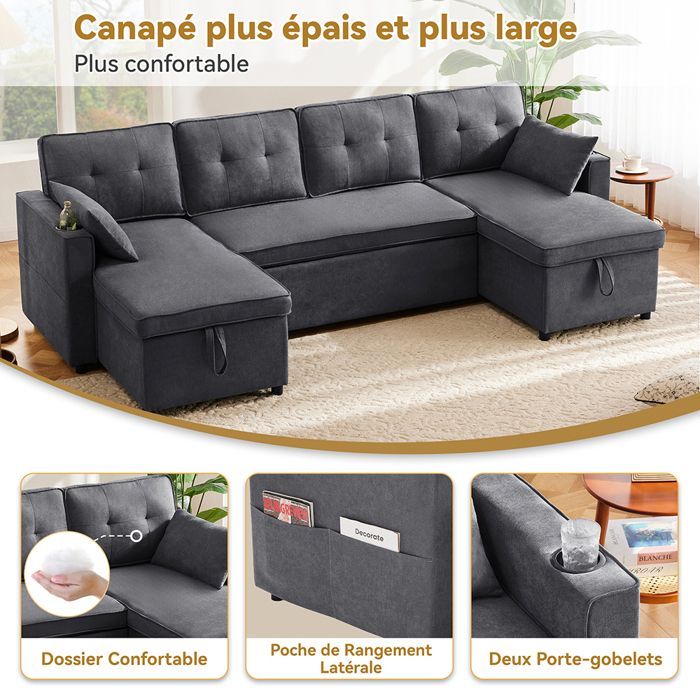 Canapé d'angle Convertible avec Porte-gobelet et Rangement, 4 Places en U, Canapé lit avec Fonction Couchage, Coton et Lin, Gris