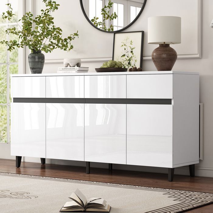 Credenza bianca lucida da 160 cm, mobile contenitore moderno con ripiani regolabili, 4 cassetti e 4 ante, ideale per soggiorno e sala da pranzo.