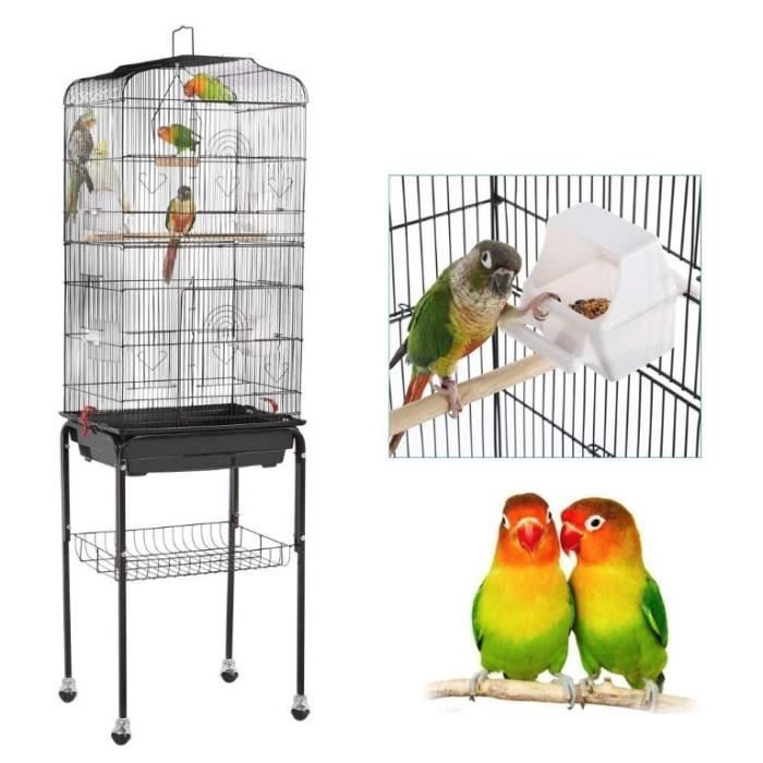 FIRNOSE Cage Oiseaux, Volière à Roulettes pour Canaris Perroquet Perruches, Cage Oiseaux en Métal et Bac Amovible en Plastique, Noir