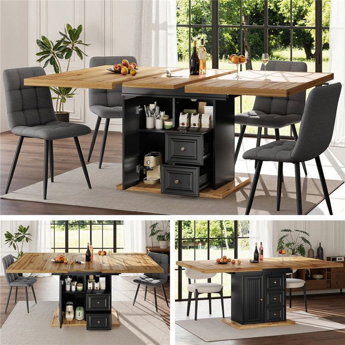 Table cuisine extensible bois 4 à 6 personnes, table salle à manger rangement avec 2 tiroirs, étagère et porte, 110–140x80 cm, Noir