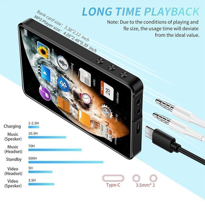 Lettore MP4, Bluetooth, touchscreen da 4 pollici, memoria da 16 GB, HD 1080p, qualità audio senza perdita di dati, altoparlante integrato, nero