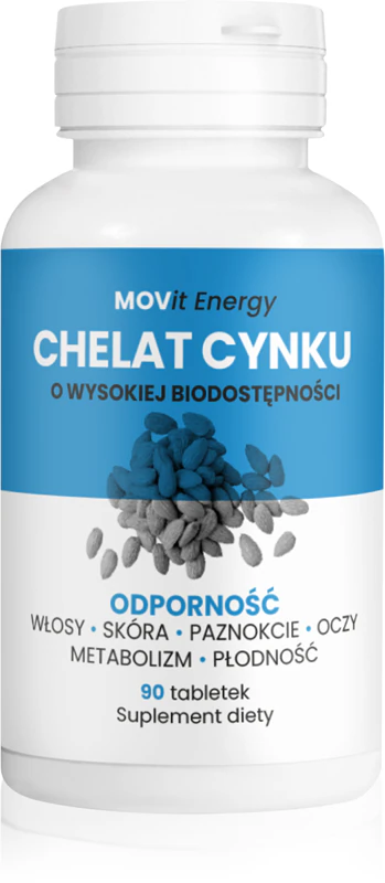 Movit Energy Zinc Chelate voedingssupplementtabletten ter ondersteuning van het immuunsysteem, gezond haar, een gezonde huid en een gezond gebit.