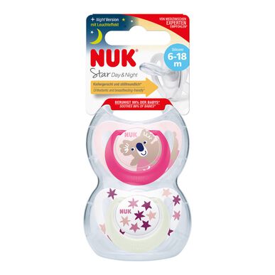 Nuk Pack Star Dag & Nacht Speentjes voor Meisjes 6-18M Orthodontische Vorm Roze 2 stuks 2 stuks