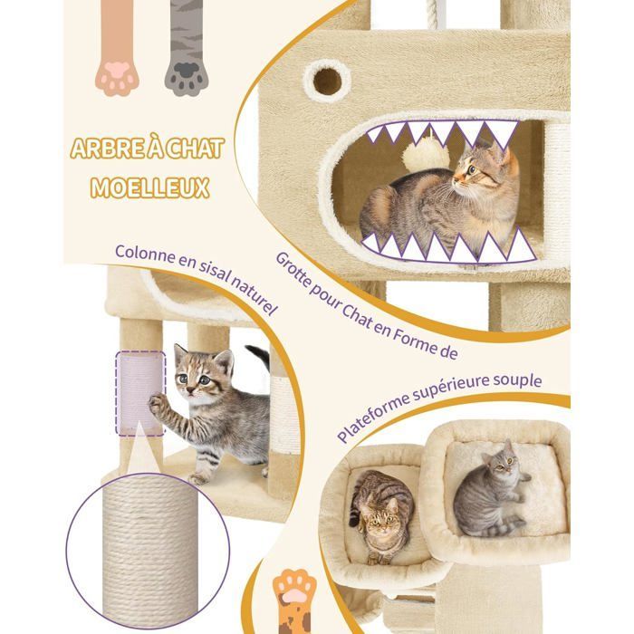 Arbre à Chat Hauteur 180 cm, avec 8 Griffoirs, 3 Plateformes, 2 Niches, Panier, Pompons, Convient Aux Chats de Toutes Tailles,Beige