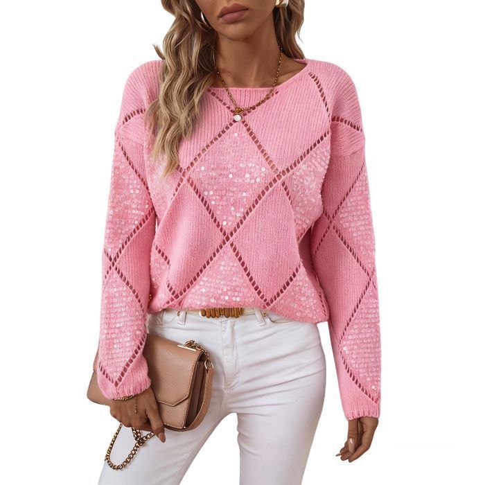 Jersey de cuello redondo para mujer, colección otoño-invierno 2025, diseño calado con lentejuelas, punto de rombos elegante - Rosa
