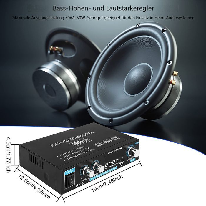 Bluetooth-Verstärker – YNKKVRE – 2 Kanäle – 50 W – Bass- und Höhenregelung – Schwarz