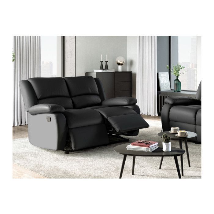 Sofá reclinable de 2 plazas LEO en piel sintética - Negro - 143 x 93 x 96 cm - LOUNGITUDE