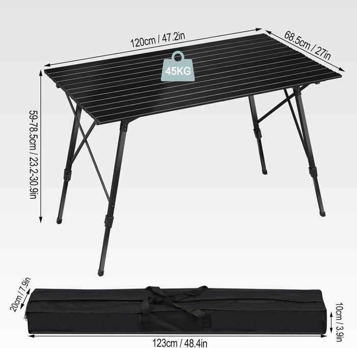 Mesa de camping plegable de aluminio WOLTU, altura regulable, mesa de picnic portátil, 120 x 68,5 cm, negra W0ETT0159