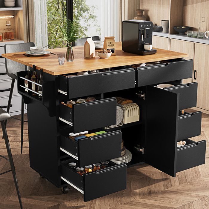 Moderne Kücheninsel mit Stauraum, mobilem Sideboard, einer Tür mit acht Schubladen, klappbarer Arbeitsplatte, schwarz