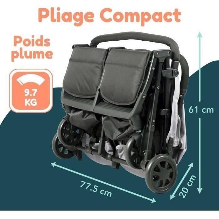 Bambisol - DS209 GRIGIO NERO - Passeggino doppio affiancato | Per gemelli dalla nascita, chiusura ultracompatta | Nero Grigio
