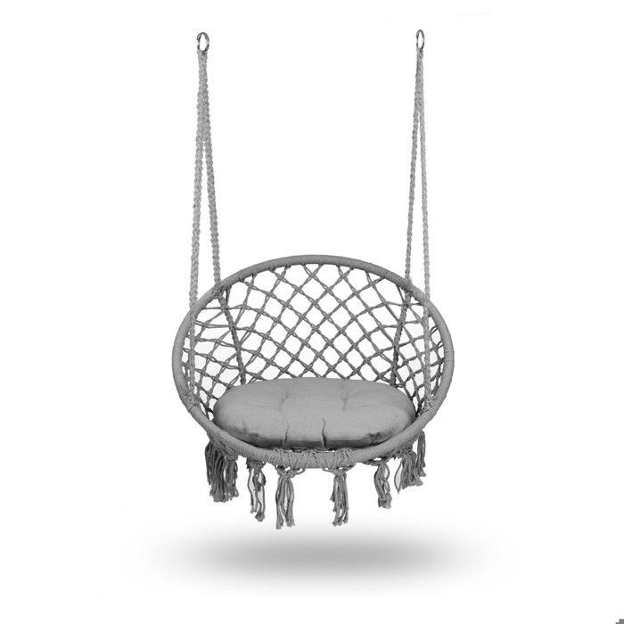 Fauteuil suspendu de jardin - JANSHOP - Style boho - Gris - Coussin inclus - Tressage épais - Structure métallique