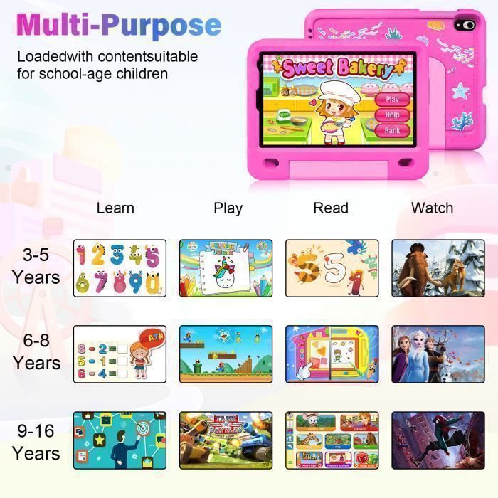Tablette Enfants - 8 Pouces - 4Go RAM - 128Go ROM - Android 12